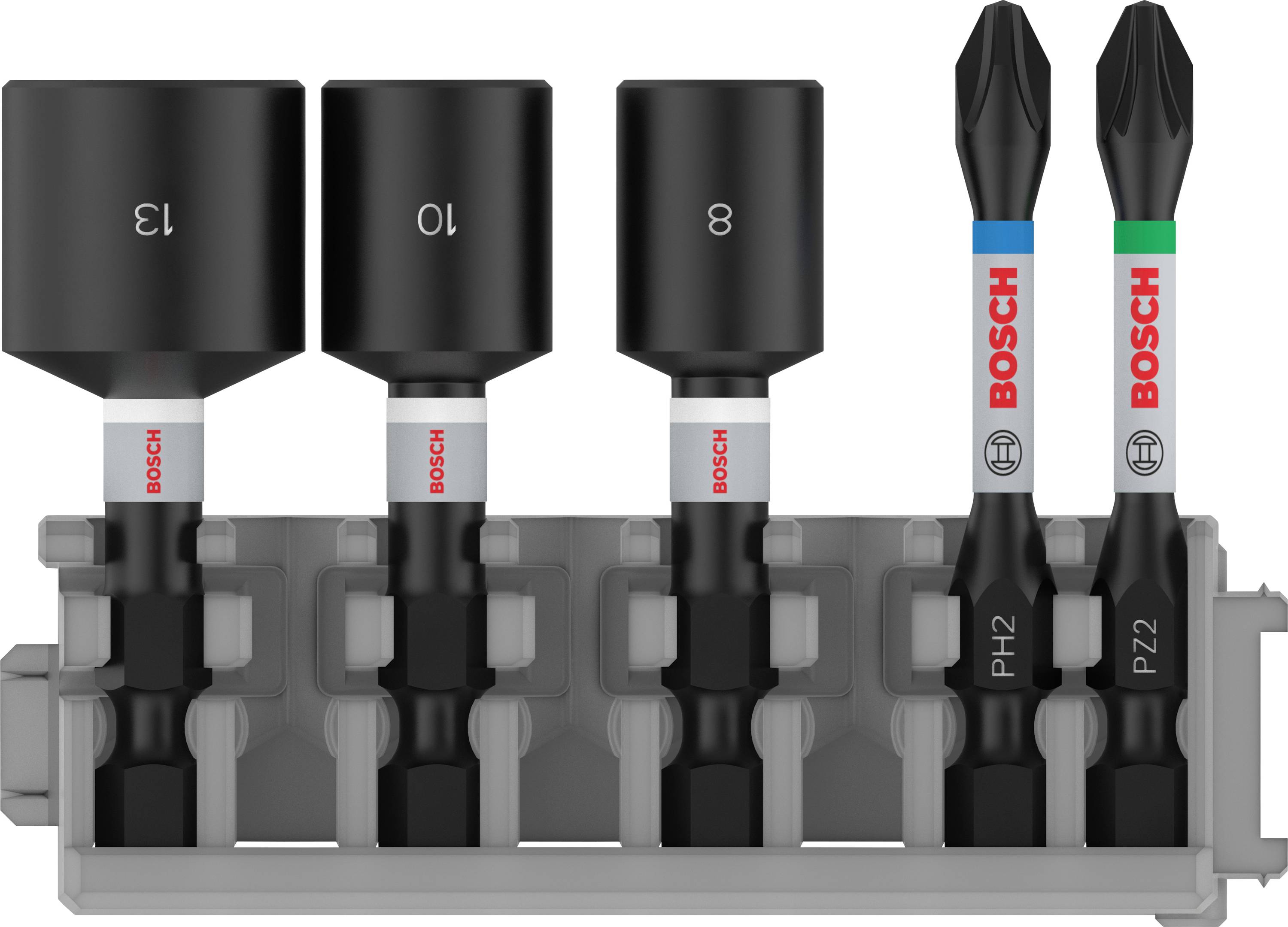 Lot de quatre écrous noirs (13, 10, 8) et de deux embouts de vissage (PH2, PZ2) avec logo Bosch, fixés dans un support.