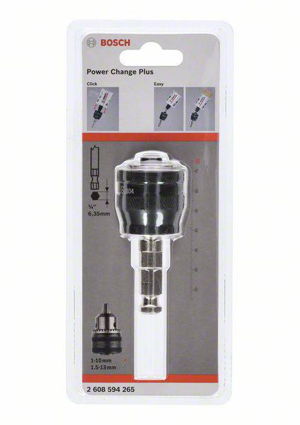 Adaptateur 'Bosch Power Change Plus' dans son emballage. Montre l'adaptateur et ses dimensions : 1-10 mm, hexagonal 1/4'' (6,35 mm).