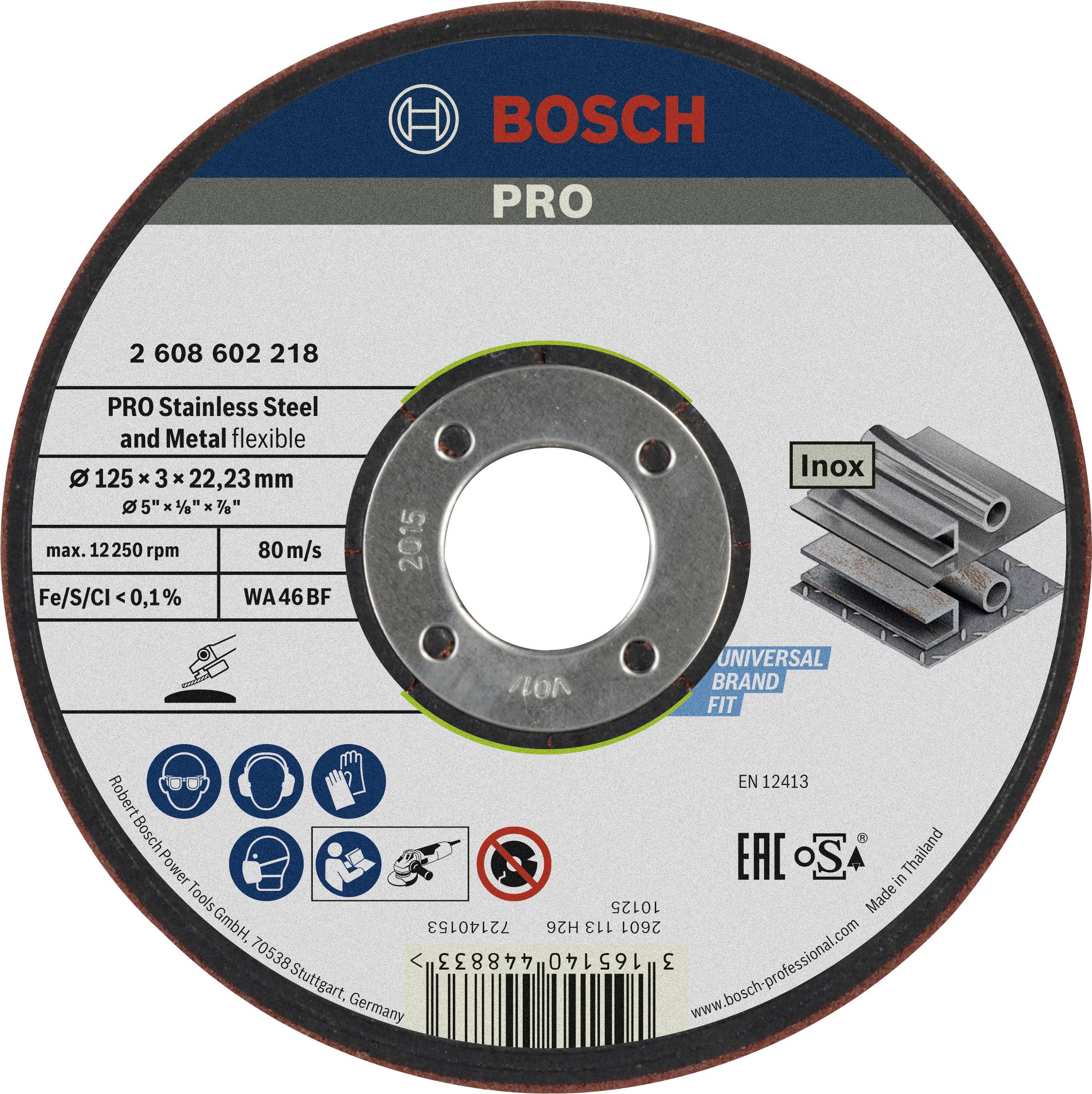 Disque à tronçonner de marque, adapté pour l'acier inoxydable. Taille : 125 mm de diamètre. Pile de métaux illustrée. Vitesse : 80 m/s, max. 12250 tr/min.