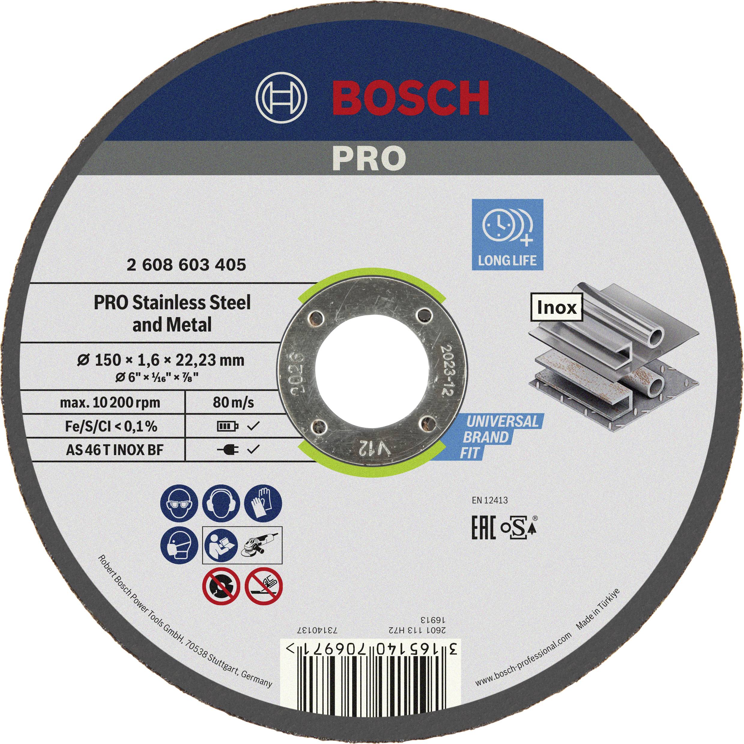 Disque à tronçonner Bosch pour inox et métal, diamètre 150 mm, Long Life, série Universal Brand Fit, certifié Inox.
