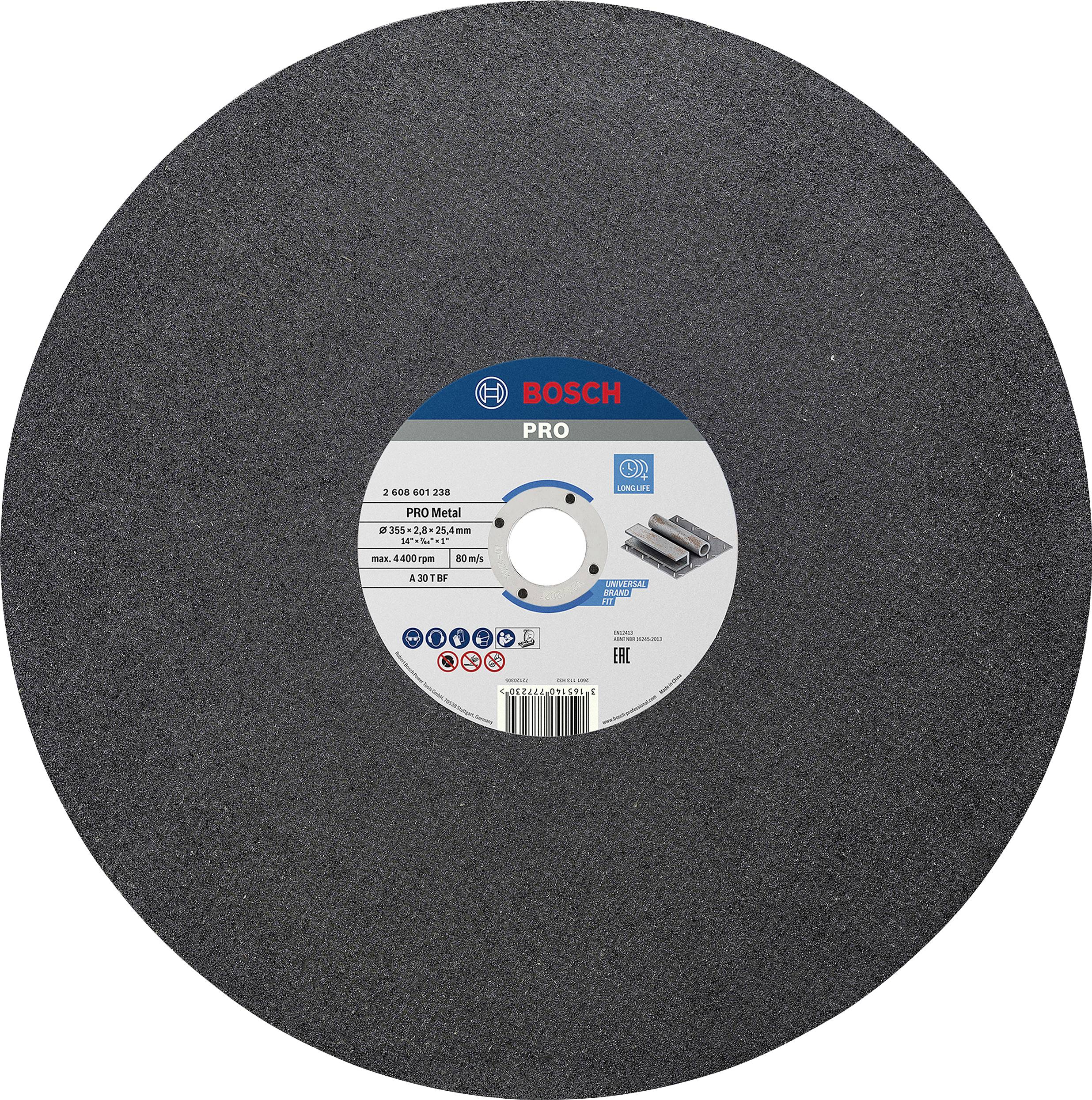 Disque à tronçonner avec logo Bosch et spécifications ; adapté pour la coupe de métaux. Grand corps rond noir.