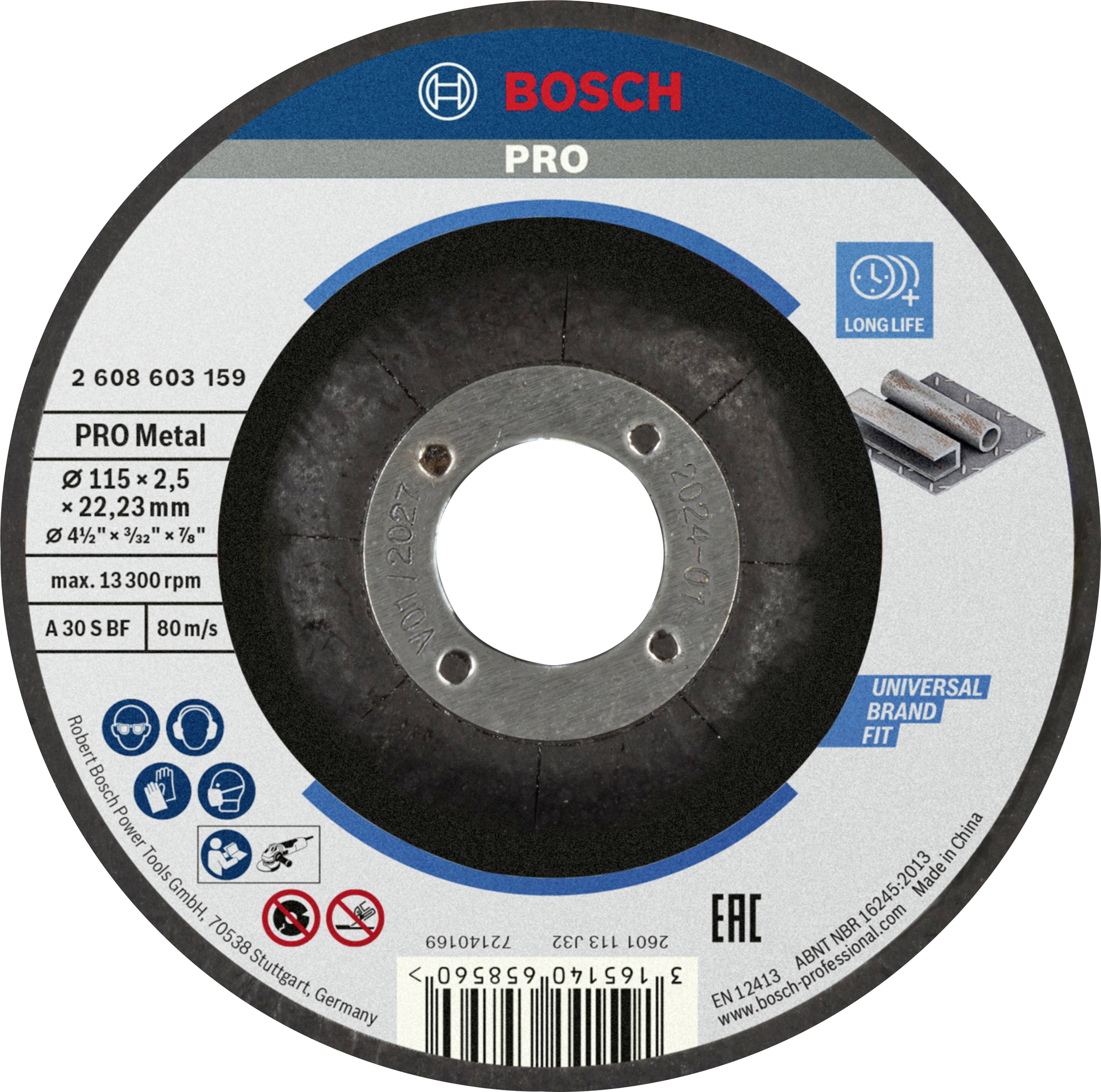 Disque à tronçonner Bosch pour travail des métaux, diamètre 115 mm, épaisseur 2,5 mm, avec indications sur la durabilité et la polyvalence.