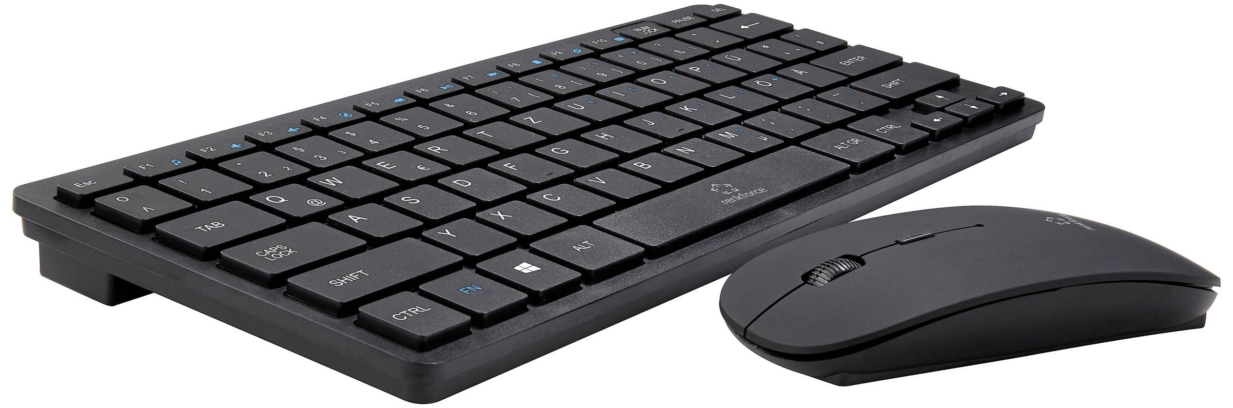 Clavier et souris noirs sans fil sur fond blanc.