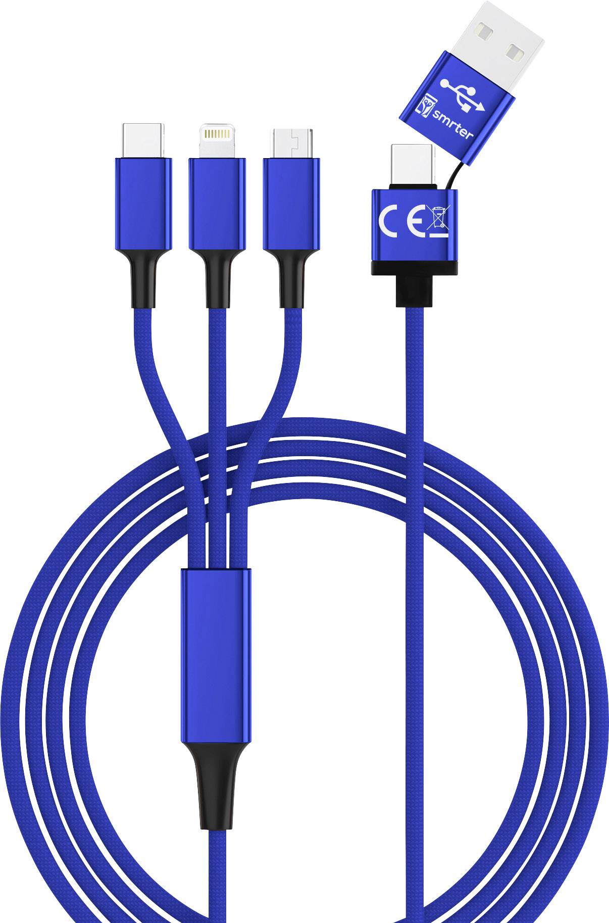 Un câble de charge USB bleu à quatre connecteurs : USB-C, Lightning, Micro-USB et USB-A. Adapté pour charger différents appareils.