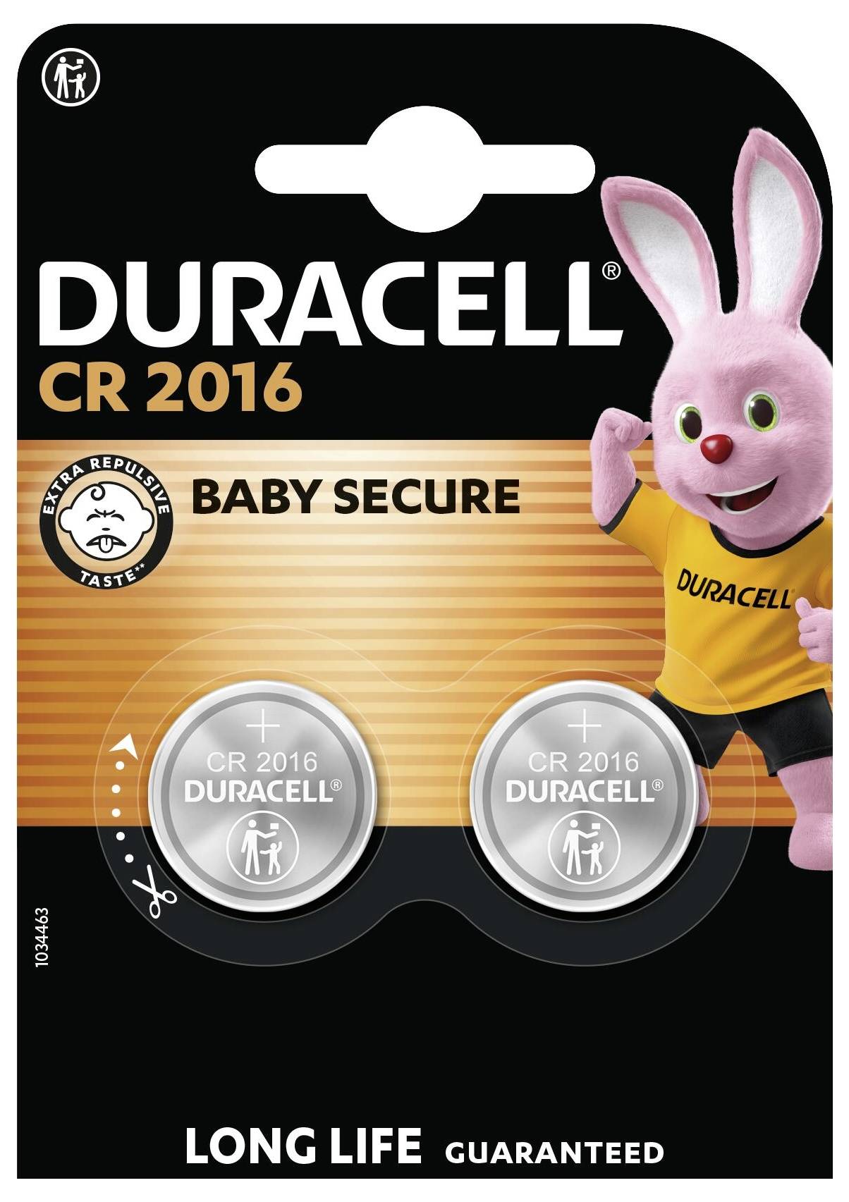 « Piles Duracell CR 2016, lot de deux. Dotées de la technologie Baby Secure et d'une garantie de longue durée. Image d'un lapin rose sur l'emballage. »