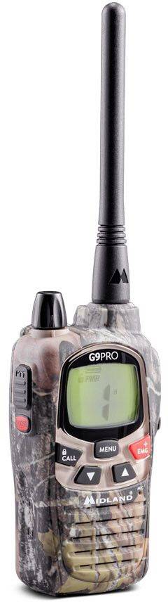 Appareil de communication en motif de camouflage avec longue tige d'antenne, écran LCD et plusieurs boutons de commande. Inscription du modèle 'G9PRO'.