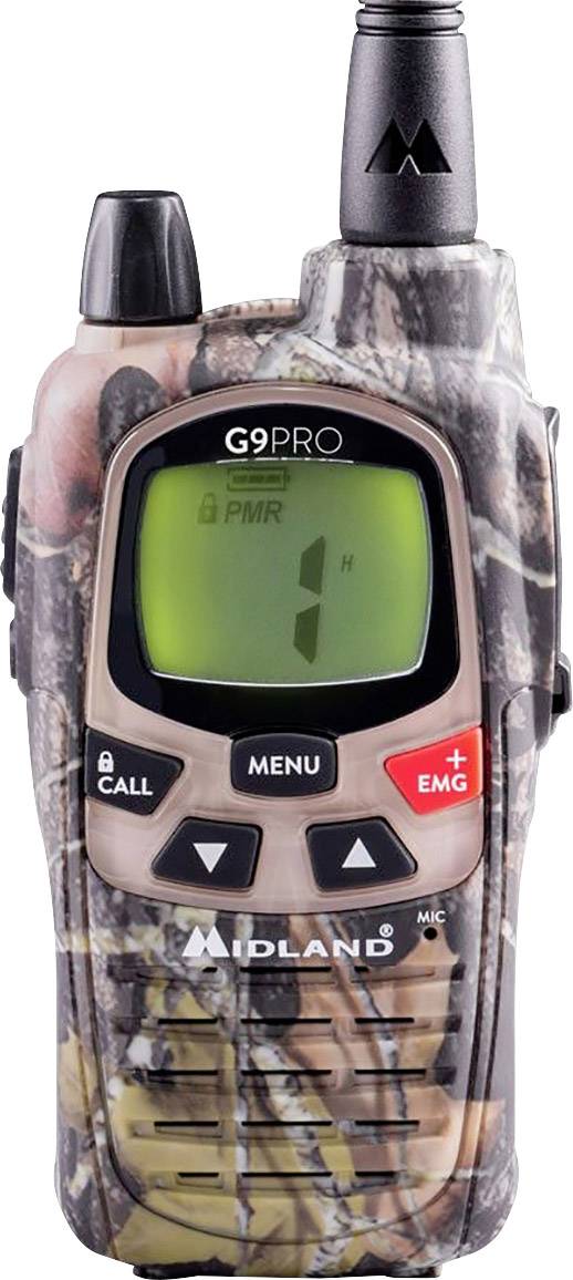 Un talkie-walkie portable Midland G9 Pro, avec motif de camouflage. Il est équipé d'un écran, de touches de menu, d'appel et d'appel d'urgence.