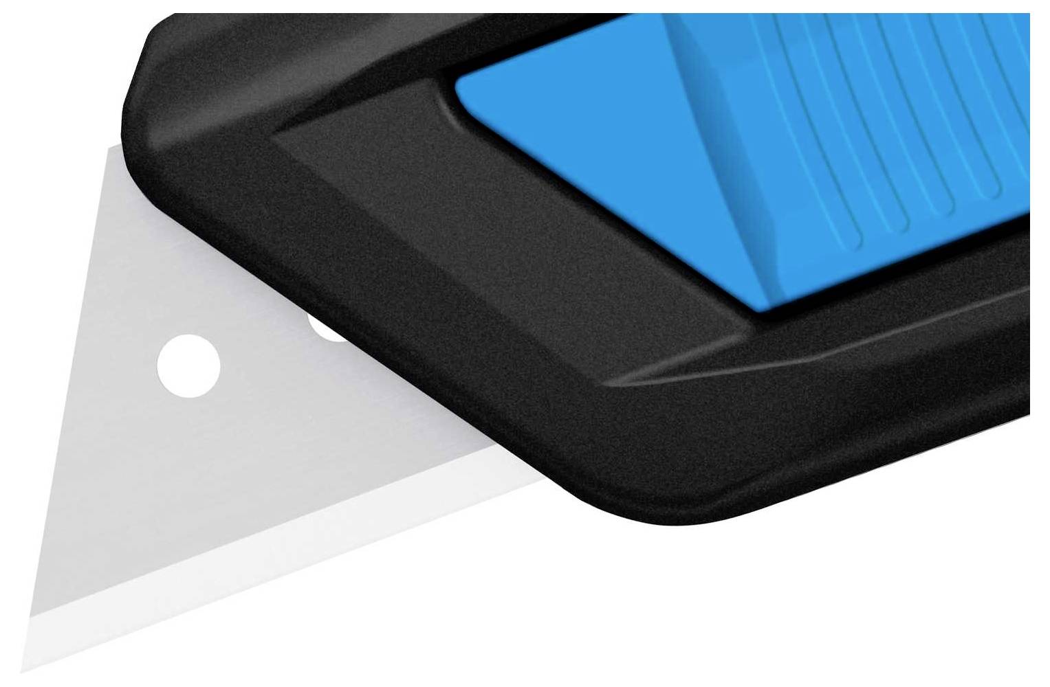 Gros plan sur une lame de couteau pliante noire et bleue, partiellement dépliée.