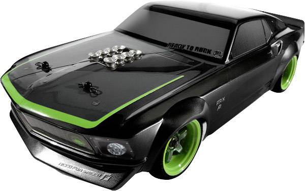 Une voiture miniature noire avec des détails verts et l'inscription « Ready to Rock » sur le capot, présentée sur un fond blanc.
