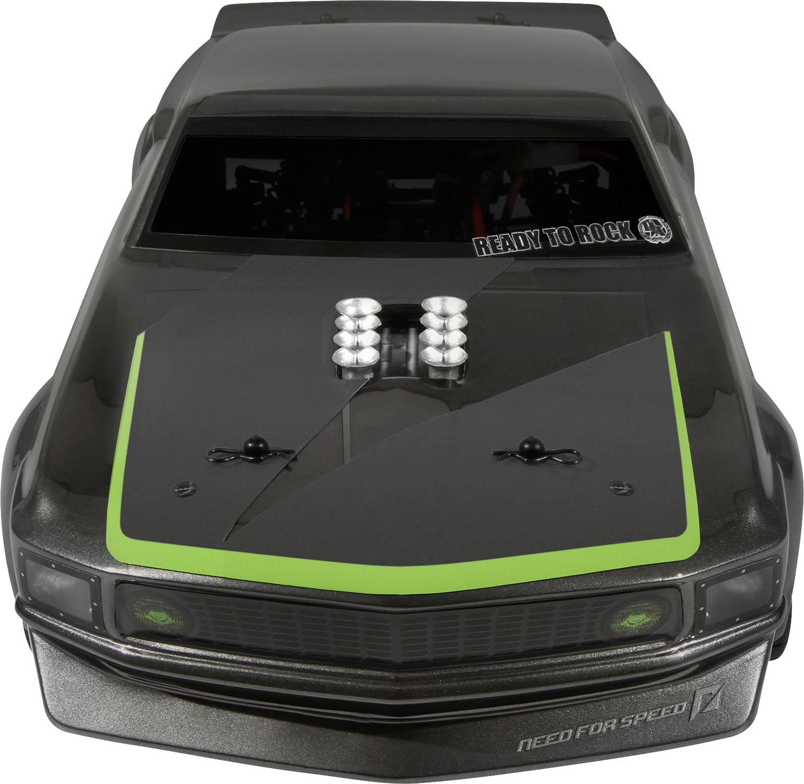 Voiture télécommandée noire avec des accents verts, capot distinctif et l'inscription 'Ready to Rock'. Vue de face, illustrant puissance et vitesse.