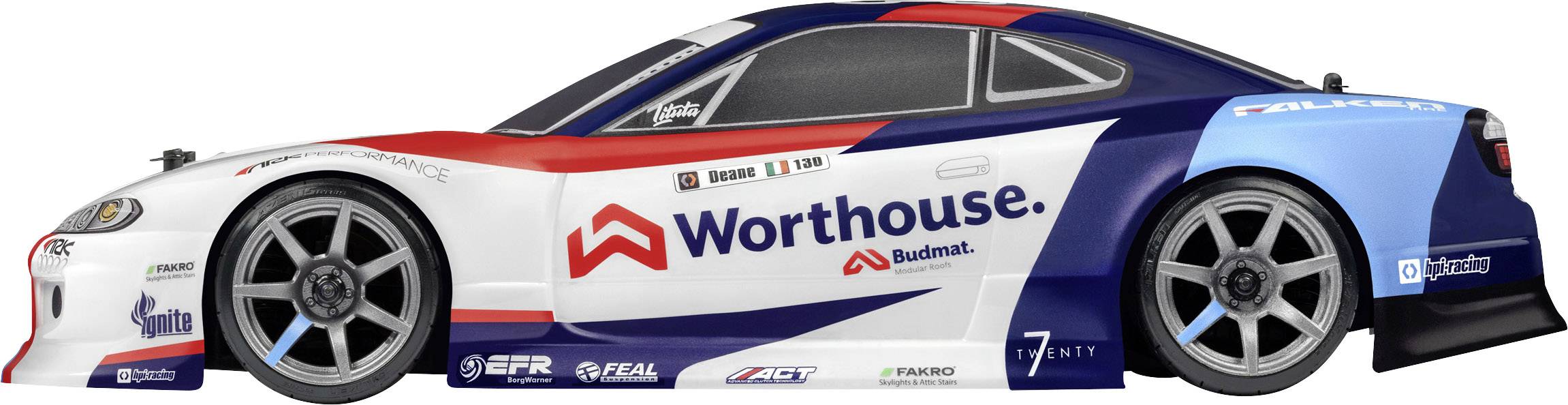 Voiture de course en bleu-rouge-blanc avec le logo 'Worthouse', design élégant, vue de côté.