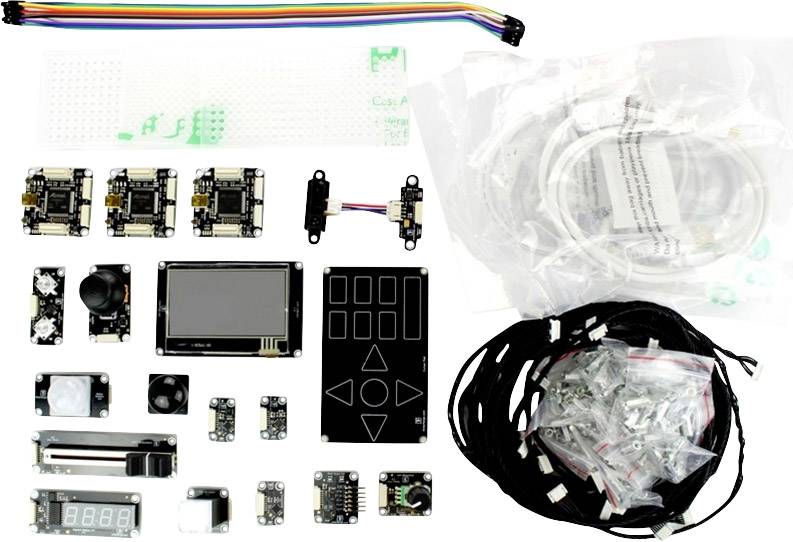 Un kit de bricolage électronique avec différents modules et capteurs, comprenant un écran, un joystick, des câbles et des résistances. Idéal pour les projets DIY.
