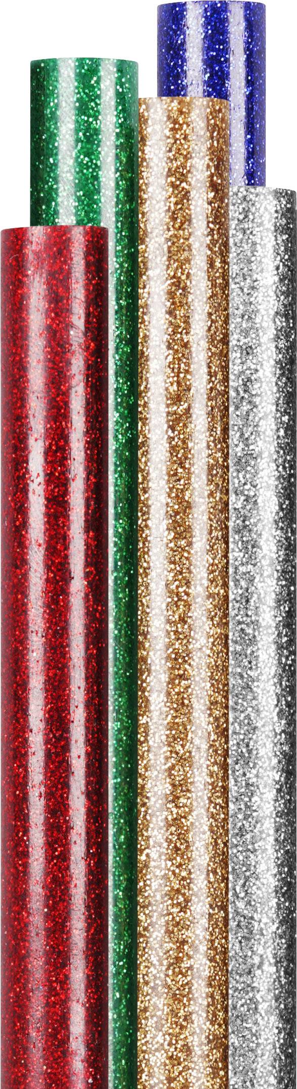 Cinq rouleaux scintillants de différentes couleurs - rouge, vert, cuivre, argent et bleu - disposés verticalement.