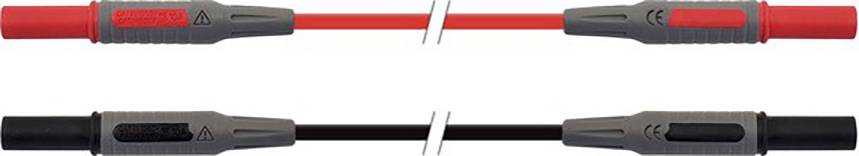 Système à fiches avec deux connecteurs : un rouge en haut, un noir en bas, tous deux munis de gaines grises et de symboles de sécurité électrique.