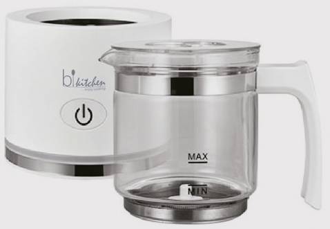 Mousseur à lait électrique avec carafe transparente et échelle de mesure pour 'Max' et 'Min'. Logo de marque et bouton marche/arrêt visibles.