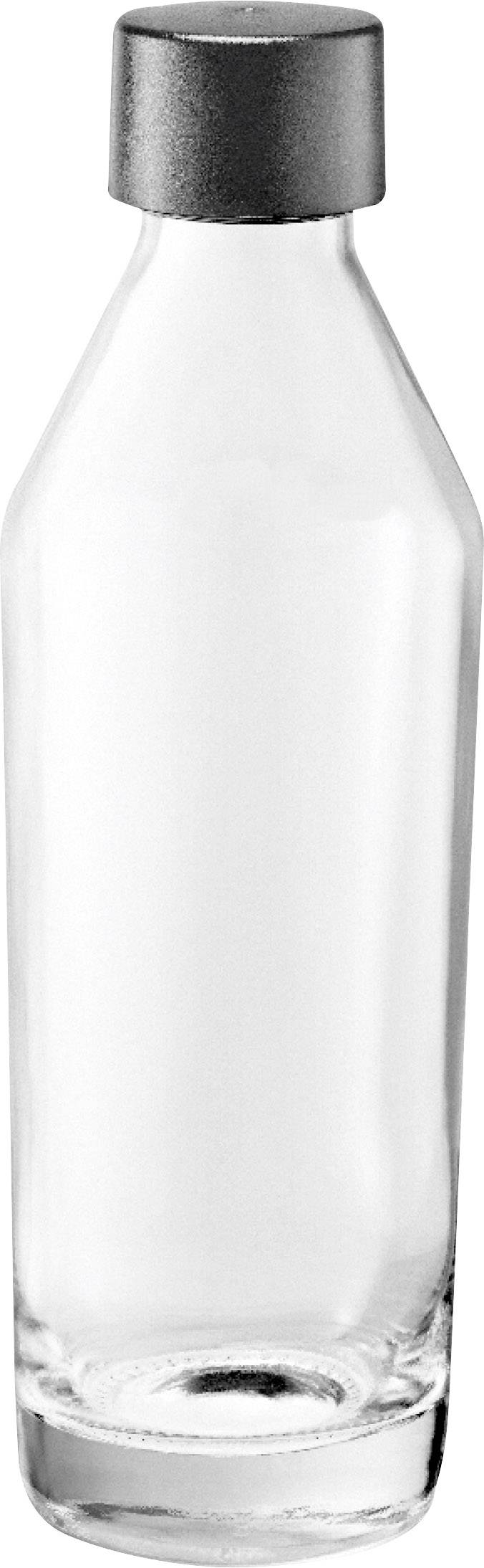 Bouteille en verre transparent avec un bouchon mat et foncé.