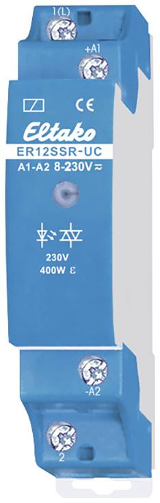 Relais bleu d'Eltako, modèle ER12SSR-UC, adapté pour 8-230V. Il dispose de connexions en haut et en bas ainsi que du marquage CE.