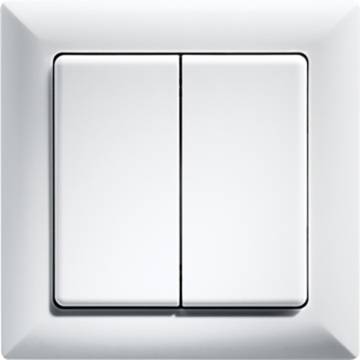 Interrupteur double avec plaque de couverture blanche, monté sur un mur. Les deux interrupteurs sont en plastique et ont un design épuré.