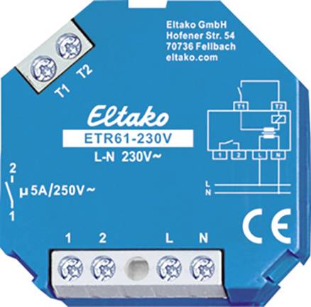 Composant électrique bleu avec l'étiquette 'Eltako ETR61-230V', accompagné d'un schéma de câblage et de détails techniques pour installations électriques.