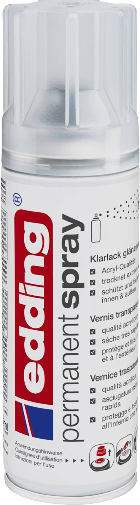 Laque transparente brillante en spray d'edding, dans un aérosol blanc avec un logo rouge. Adapté pour protéger et sceller les surfaces.