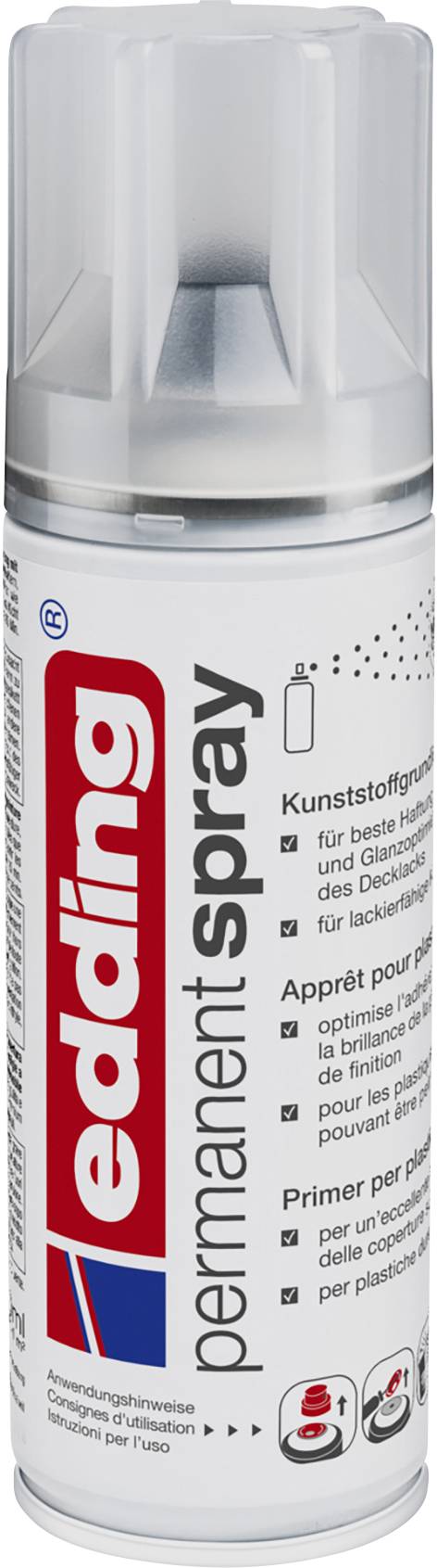 Un aérosol portant l'inscription 'edding permanent spray'. Le produit convient aux plastiques et au verre. Contient un primaire.
