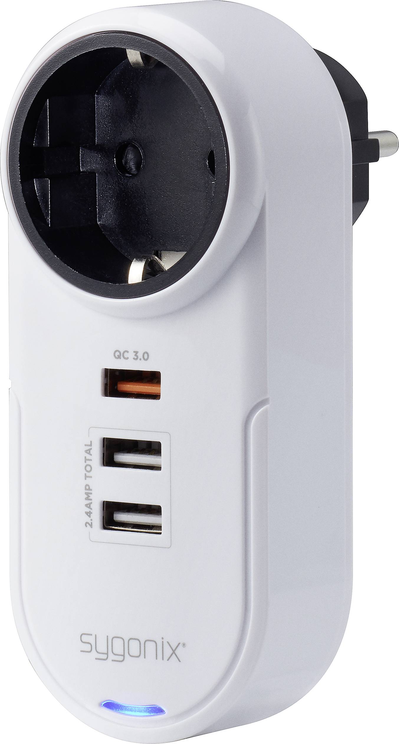 Un adaptateur de prise blanc avec deux ports USB et un port USB-C, portant l'inscription 'sygonix'.