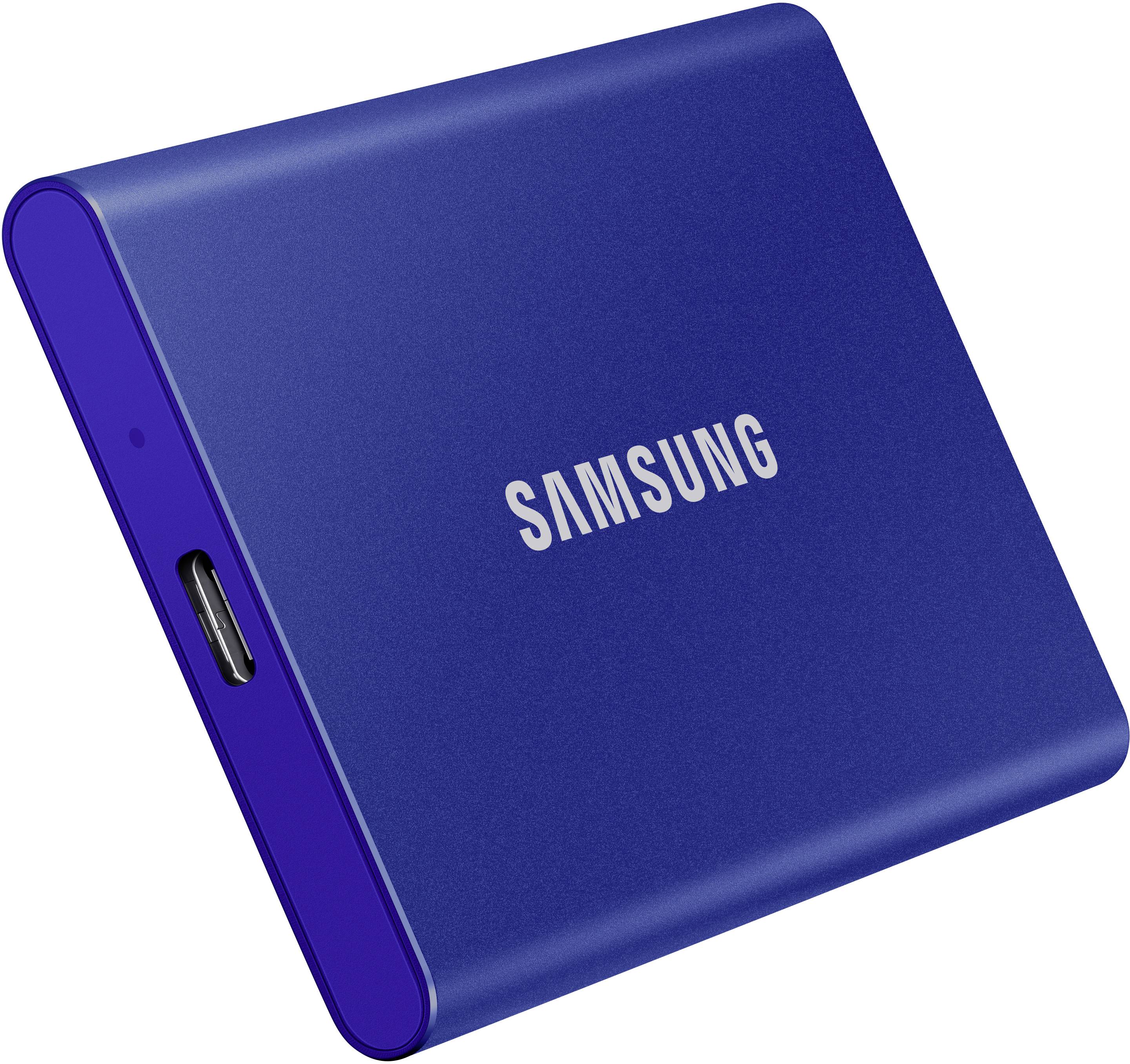 Disque dur externe Samsung bleu, compact et portable.