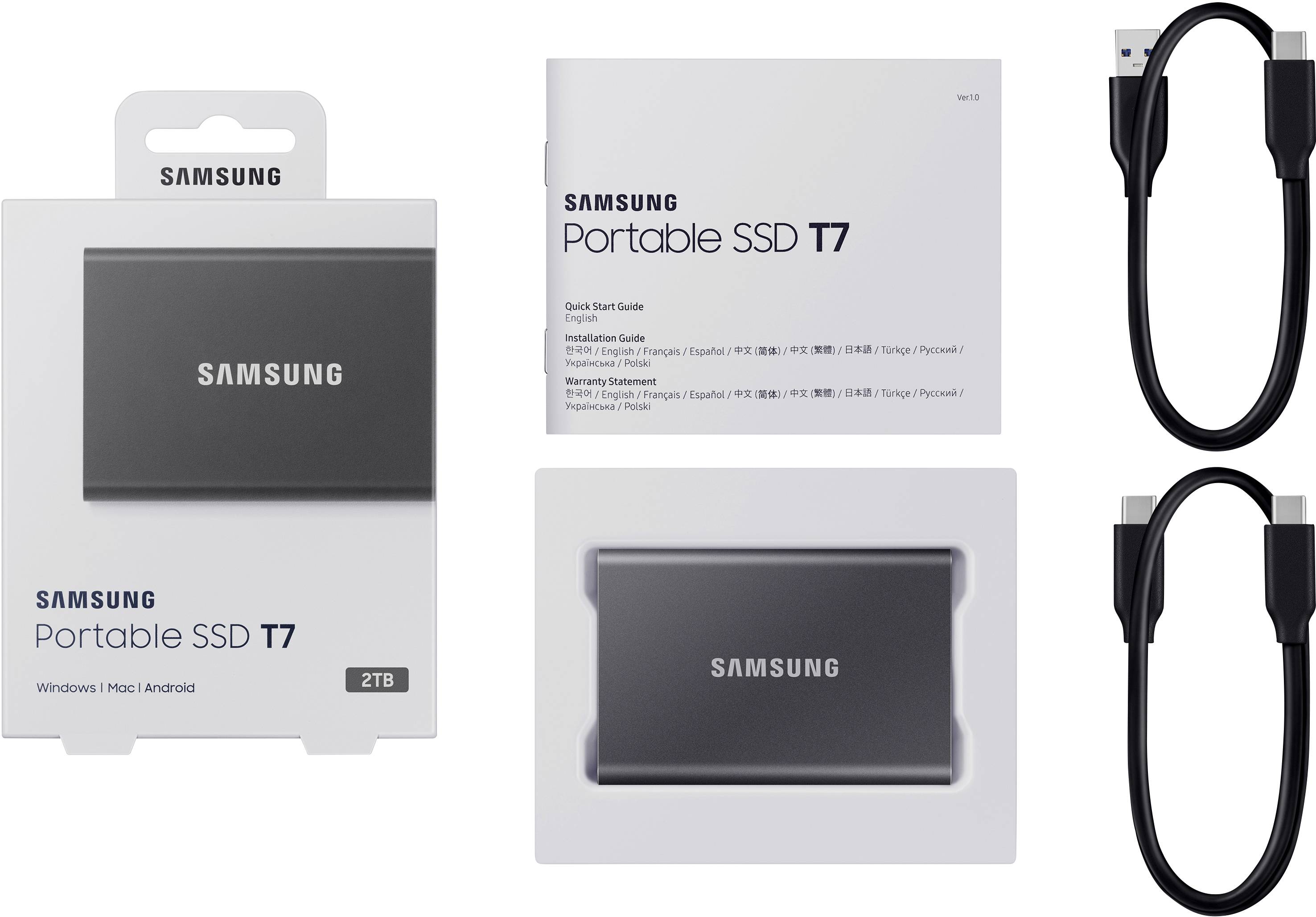 SSD portable Samsung T7 2 To dans son emballage, accompagné de deux câbles USB et du manuel d'utilisation. Compatible avec Windows, Mac et Android.