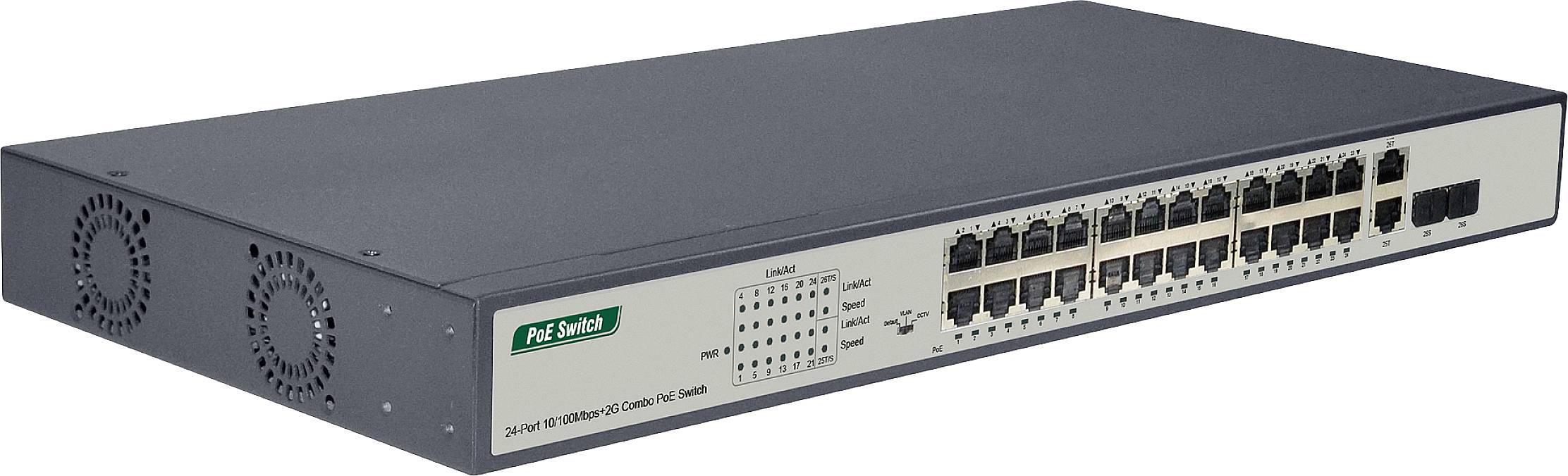 Un commutateur réseau avec 24 ports Ethernet et des voyants LED pour le statut et l'activité. Ventilateurs sur le côté pour le refroidissement.