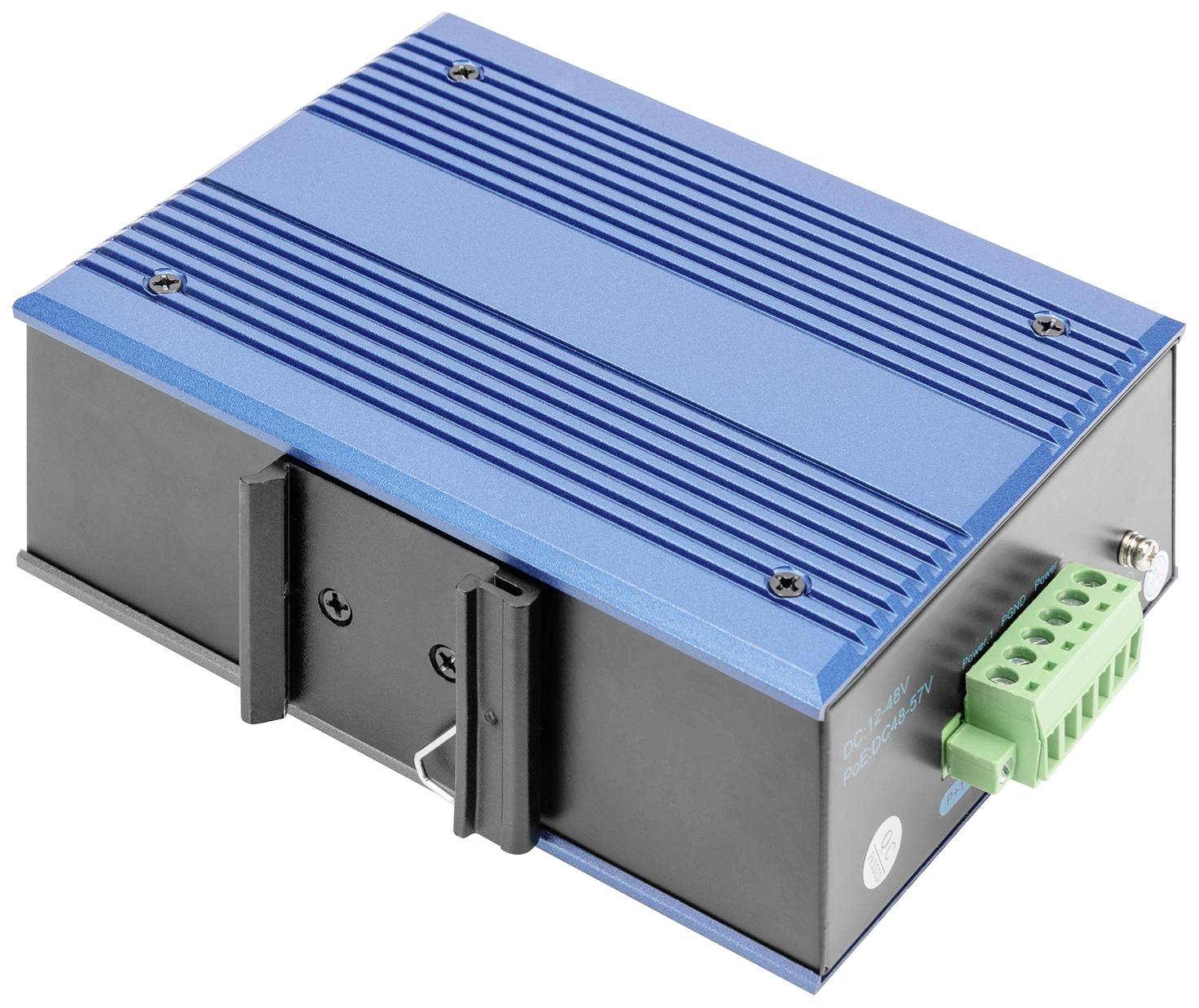 Un dispositif électronique rectangulaire bleu et noir avec des bornes de connexion vertes, probablement destiné à des applications industrielles ou technologiques.