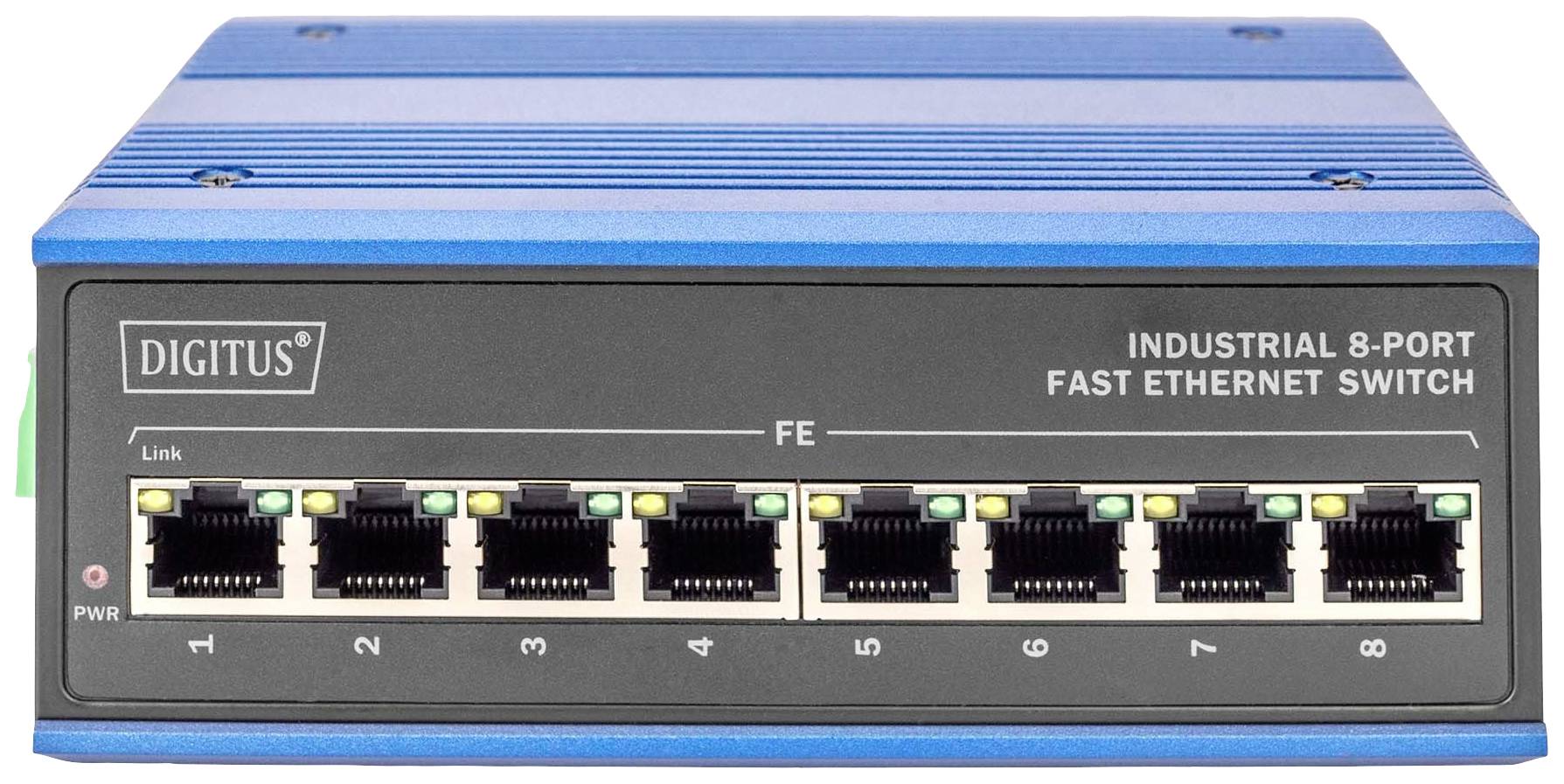 Un commutateur Ethernet Fast 8 ports bleu de Digitus pour applications industrielles. Comprend des voyants de statut au-dessus de chaque port.