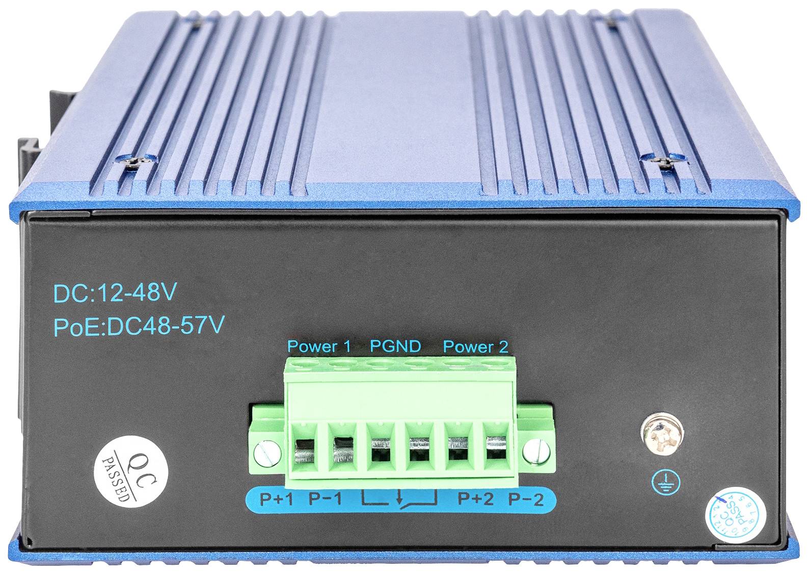 Commutateur réseau industriel en bleu avec bloc de connexion vert, prenant en charge des tensions de 12-48V et PoE : DC48-57V.