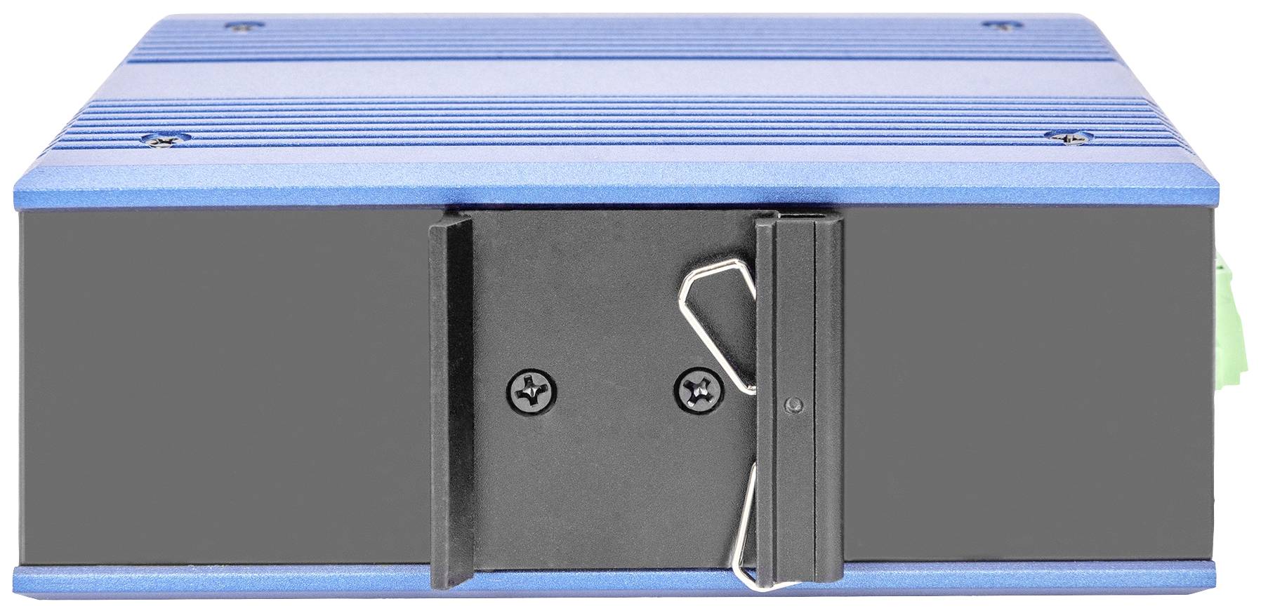 Un boîtier électronique fermé, de couleur bleu-noir, avec des ailettes de refroidissement sur le dessus. Il dispose d'un panneau frontal muni de deux vis et d'un clip métallique.