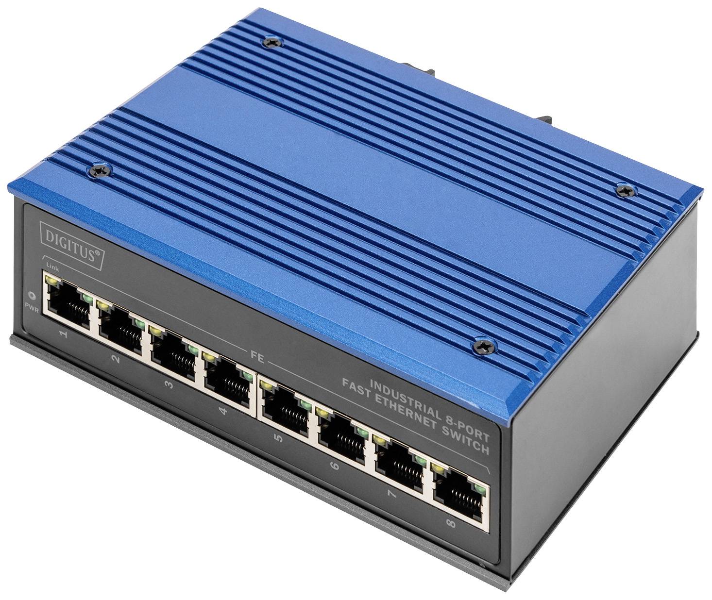Un commutateur Ethernet rapide industriel à 8 ports avec un dessus bleu et un panneau avant noir, adapté aux connexions réseau robustes.