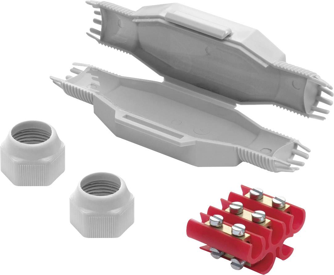 Un boîtier en plastique gris pour connexions électriques, ouvert avec des bornes à connexion rapide et deux écrous de fermeture en gros plan.