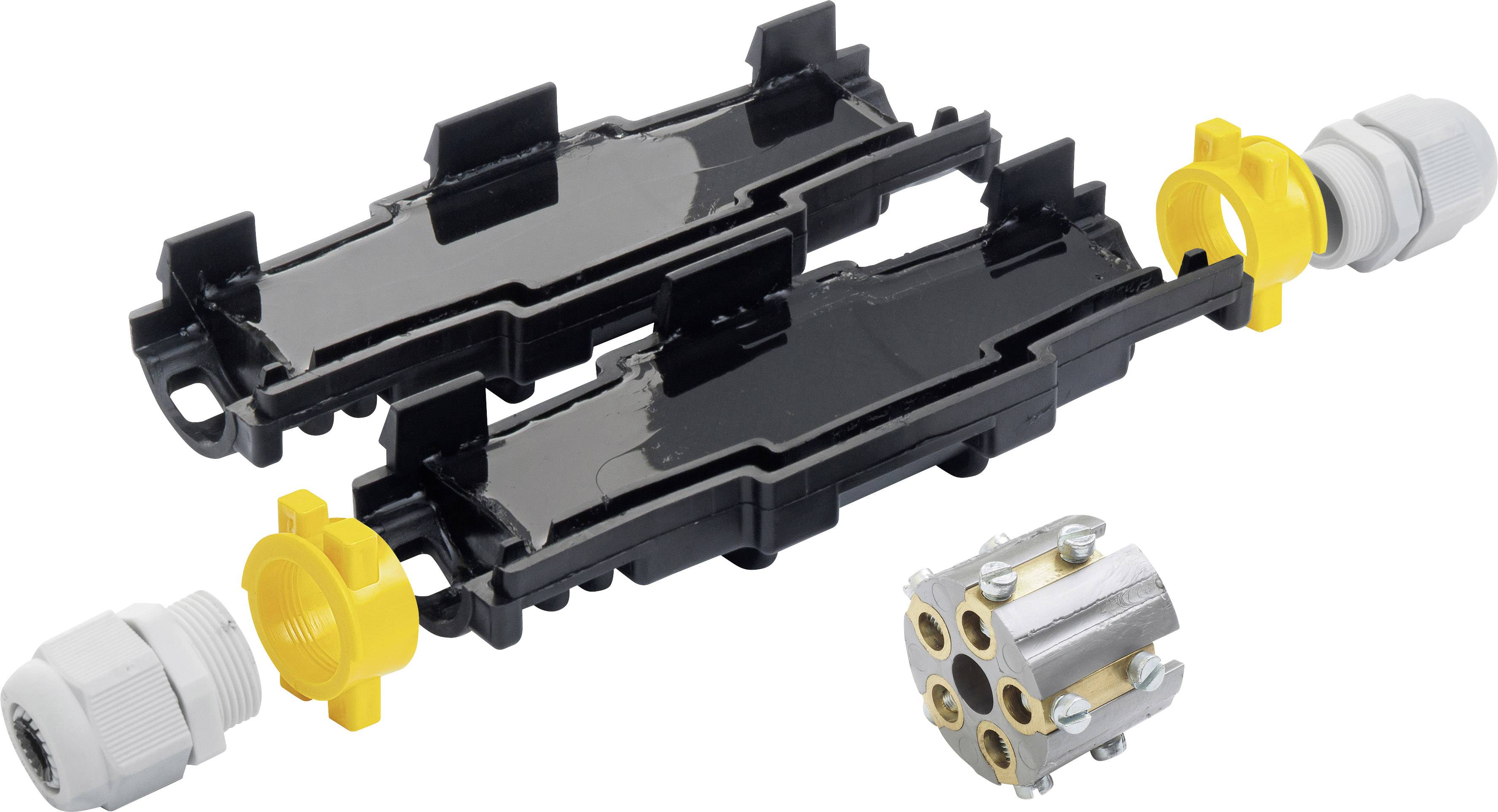 Connecteur de câble en plastique noir avec un verrou jaune et un raccordement métallique. Utilisé pour établir une connexion électrique sécurisée entre des câbles.