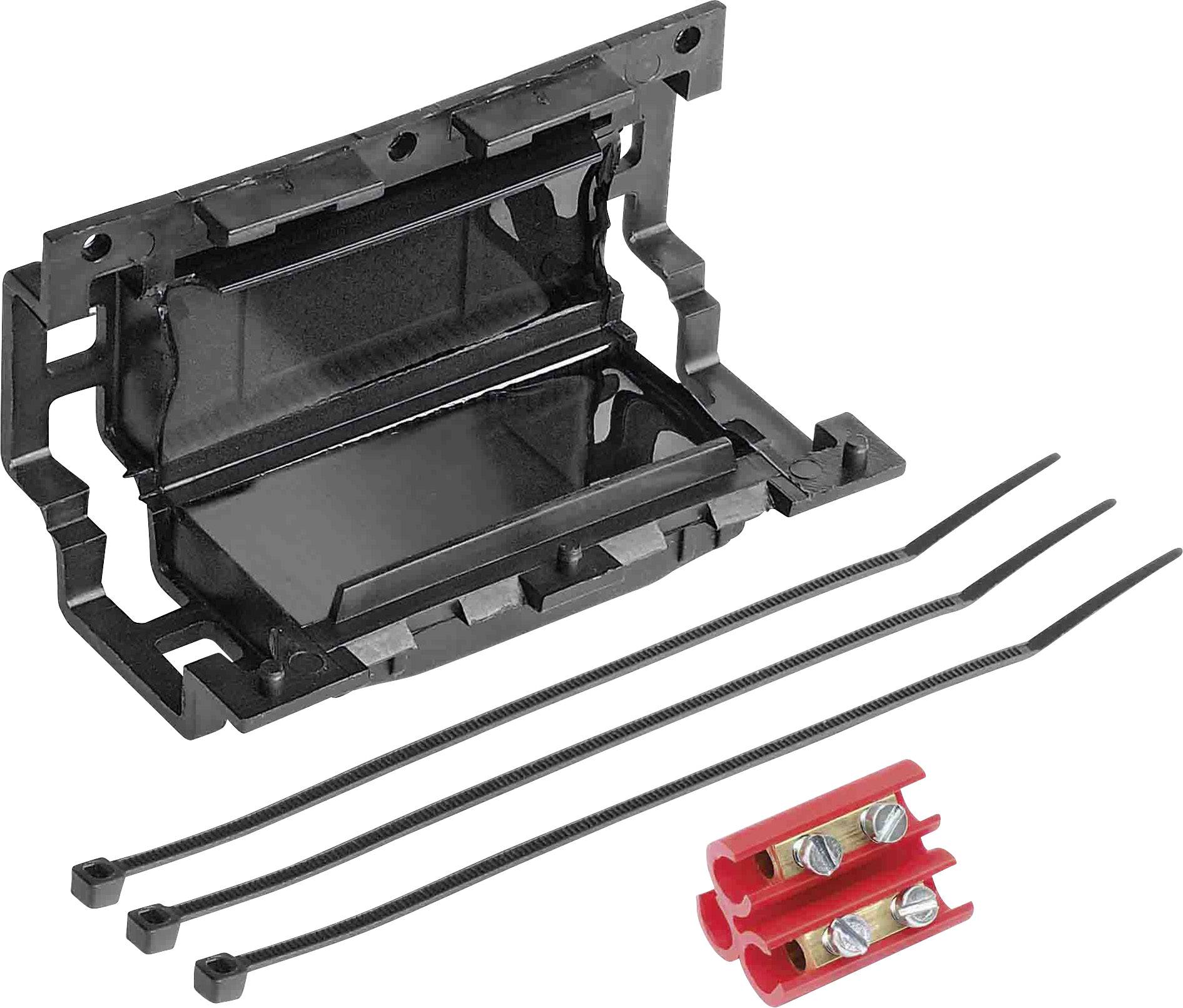 Un boîtier rectangulaire noir en plastique avec un couvercle ouvert, à côté de trois serre-câbles et deux pinces de connexion rouges.