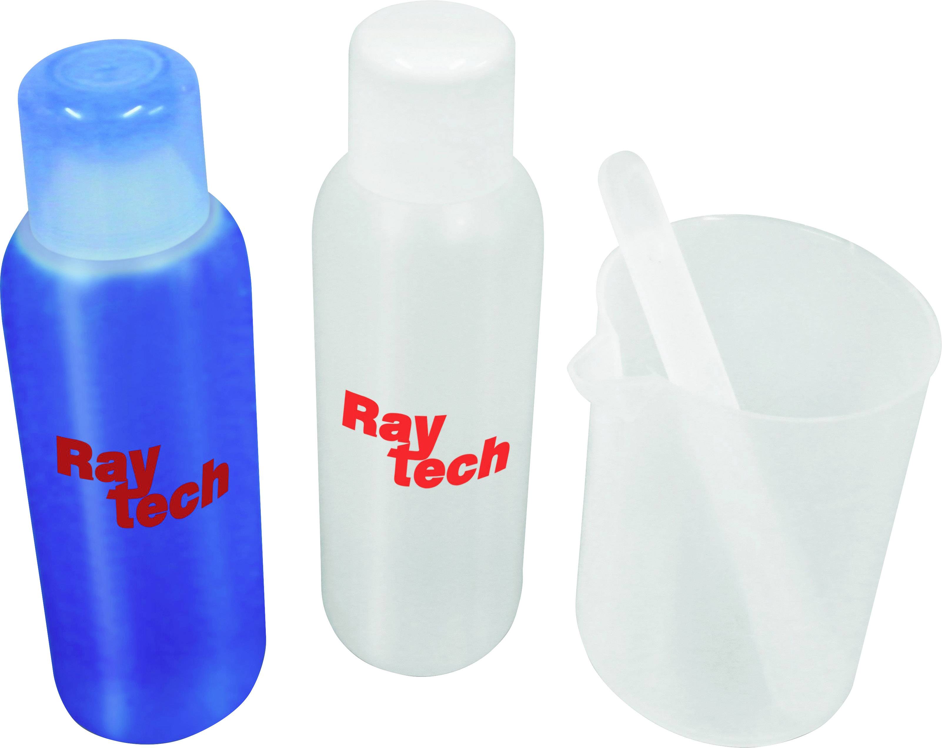 Deux bouteilles en plastique portant l'inscription 'Ray tech' et un bécher gradué avec une tige, tous en plastique.