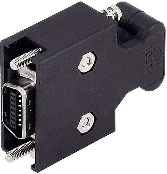 Connecteur VGA noir avec fixations à vis et bornes de contact métalliques, vu de côté.