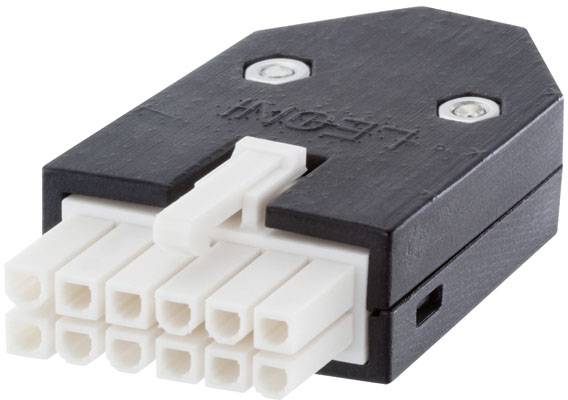 Connecteur en plastique noir avec huit bornes blanches, utilisé pour la connexion d'appareils électroniques.