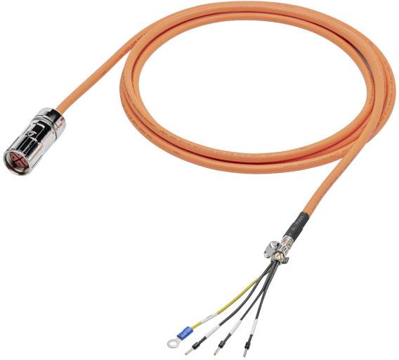 Un long câble orange avec une fiche métallique ronde à une extrémité et plusieurs extrémités de fils dénudés à l'autre. Adapté pour des applications industrielles.