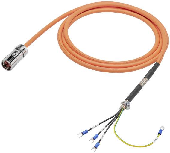 Câble orange avec connecteur métallique et quatre conducteurs dénudés à l'autre extrémité. Adapté pour les connexions électriques.