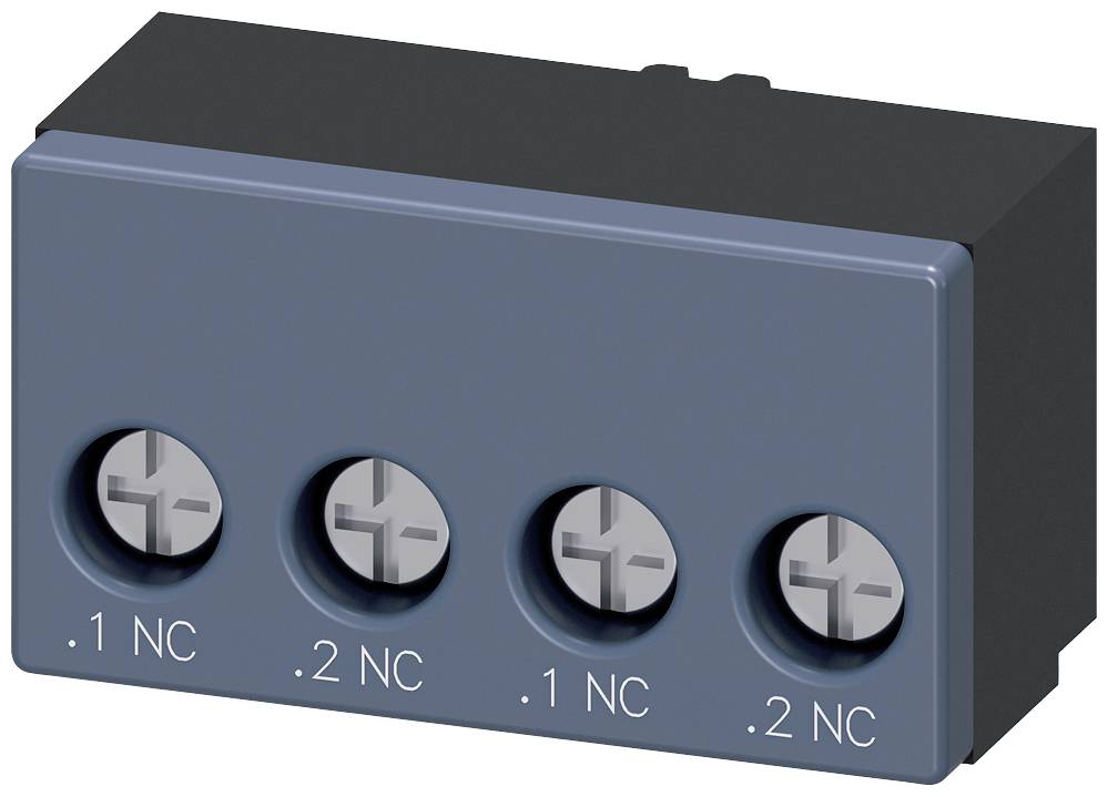 Bloc de commutation électrique quadripolaire, présentant deux paires de contacts NO (.1 NC, .2 NC). Boîtier en bleu foncé.