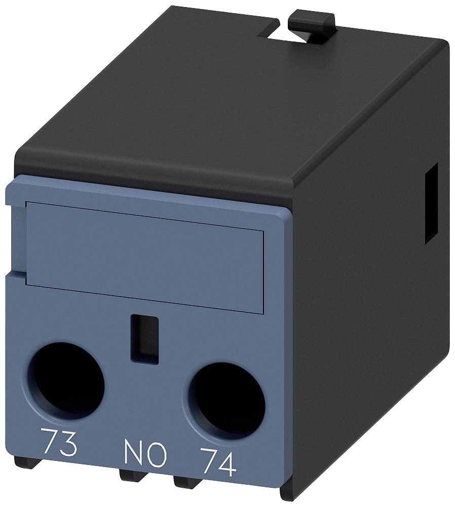 Un bloc de relais de couplage électromagnétique bleu avec deux points de connexion, portant les numéros '73' et '74' ainsi que 'NO'.