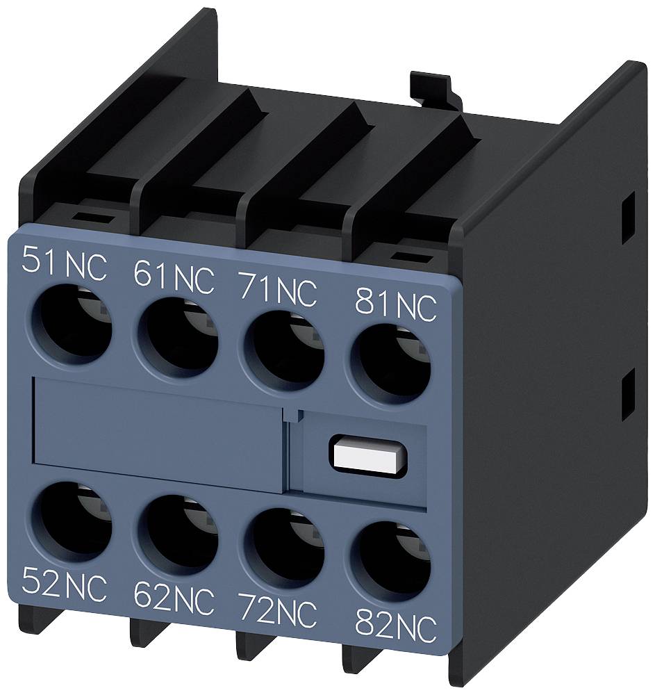 Un bloc de commutation électrique noir et bleu avec des bornes numérotées (51NC, 61NC, 71NC, 81NC), utilisé pour les circuits de commande.