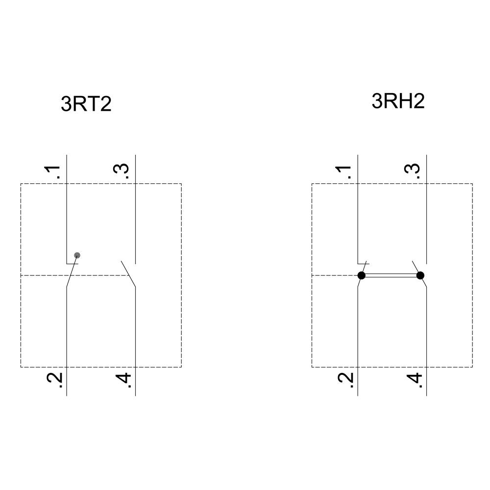 Schémas de deux relais : À gauche '3RT2', à droite '3RH2'. Les deux montrent des points de contact numérotés de 1 à 4 avec des connexions.
