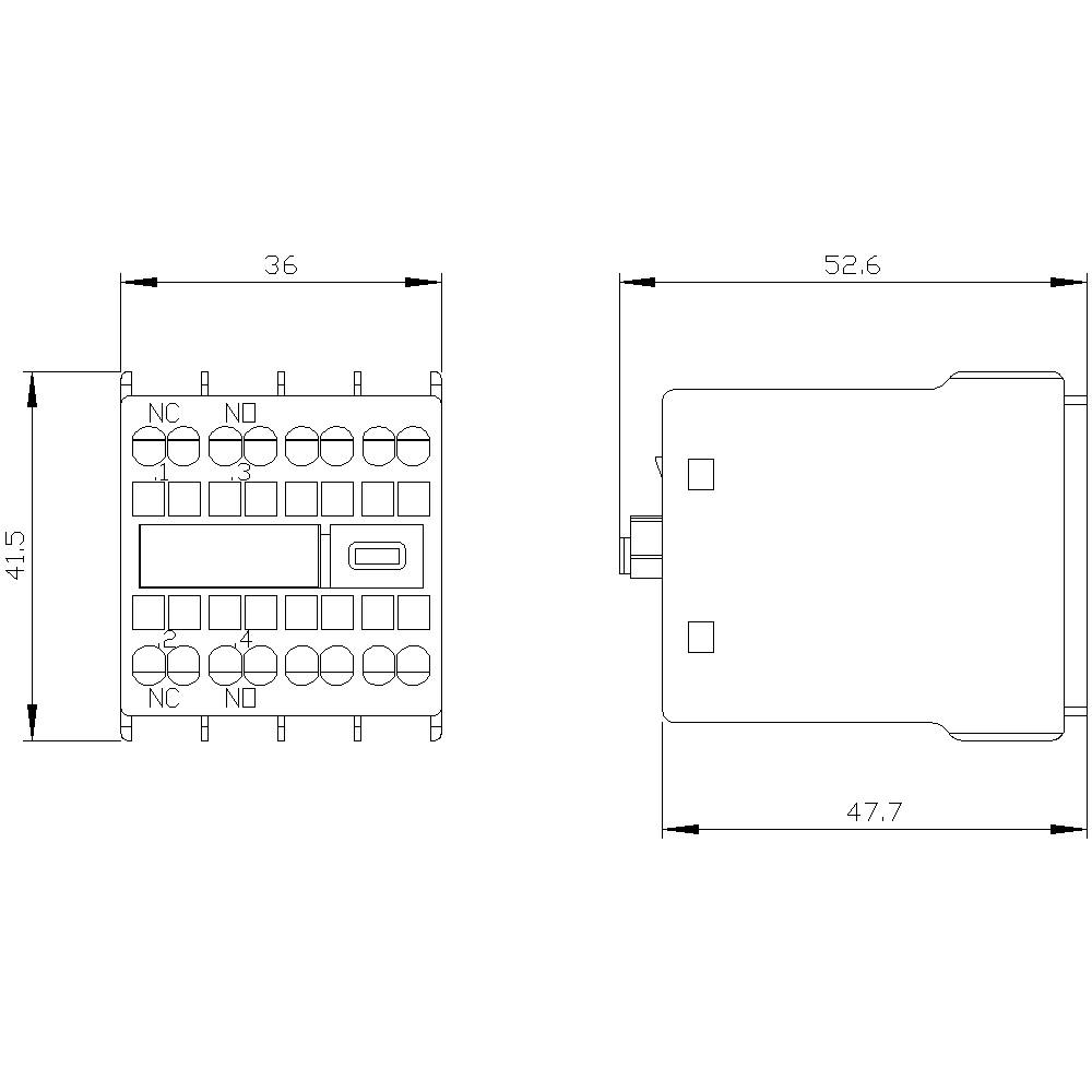 Dessin technique d'un relais électrique avec dimensions : largeur 36 mm, hauteur 41,5 mm, profondeur 52,6 mm. Les contacts sont étiquetés 'NC' et 'NO'.