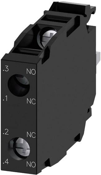 Un composant électrique noir avec trois bornes, chacune marquée 'NO' et 'NC'.