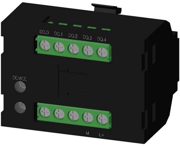 Composant électrique avec deux rangées de bornes vertes, étiquetées de 'DQ.0' à 'DQ.4'. À gauche se trouvent des touches marquées 'DEVICE'.