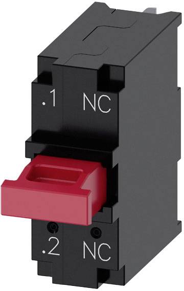Un module pour installations électriques avec un interrupteur à bascule rouge, identifié par '.1 NC' et '.2 NC' pour Normalement Fermé.